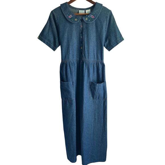 NEW Vintage Bobbie Brooks Medium Cotton Denim Dress Peter Pan Collar Embroidered - Picture 1 of 6